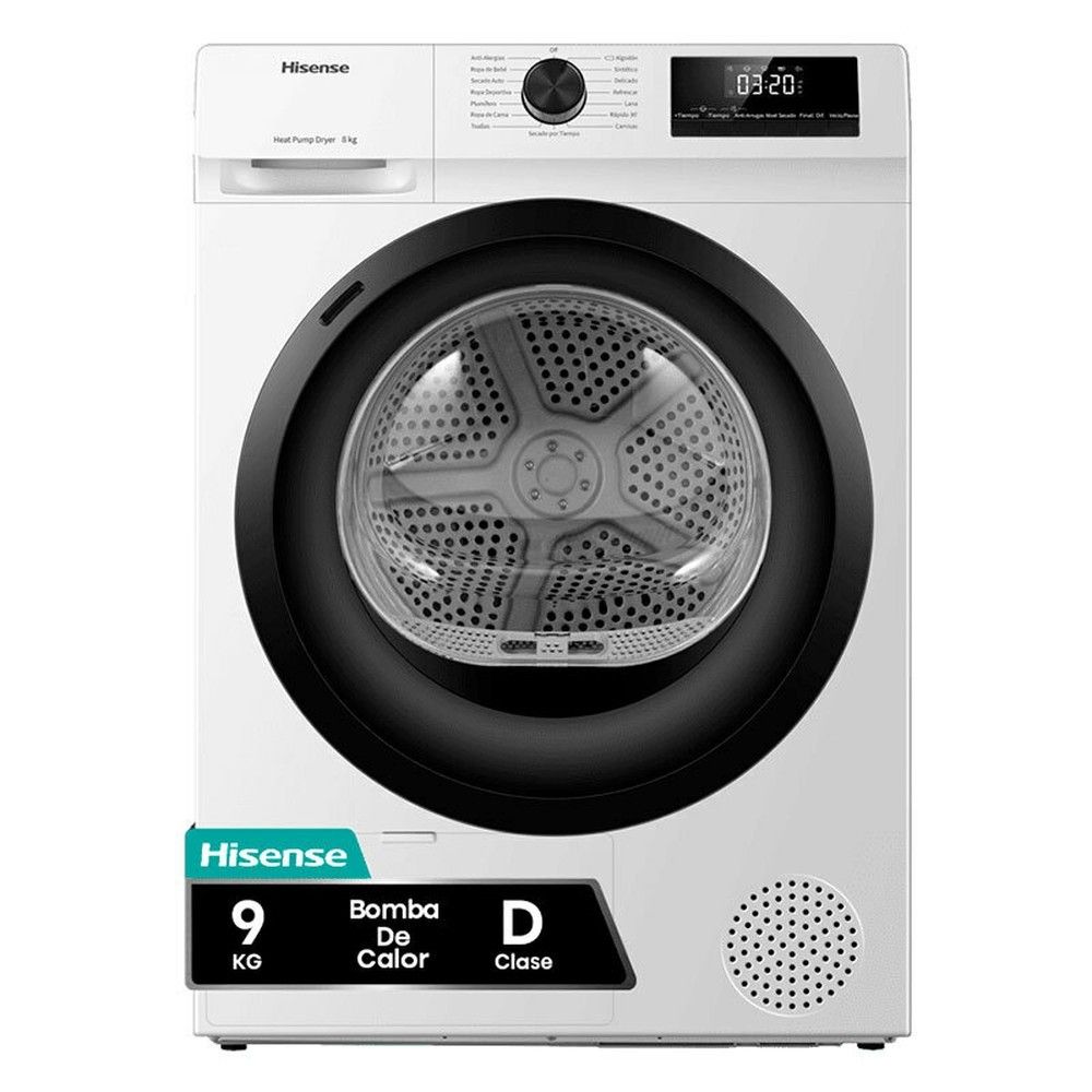 Secadora bomba de calor - Hisense DHQE900UWDC, 9 kg, 16 programas, Anti arrugas, Secado automático, Blanco
